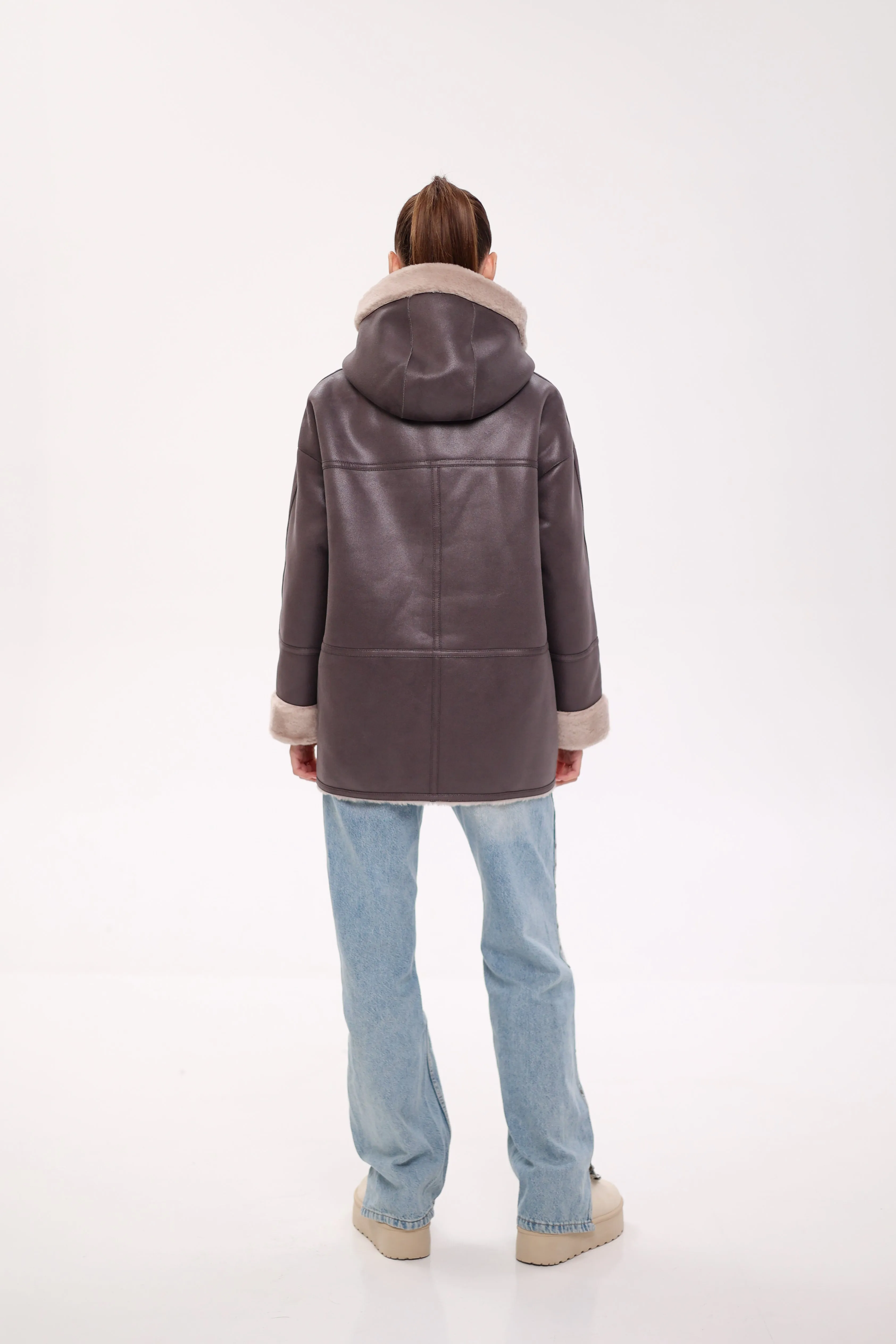 ⇆ Reversible Hooded Wool Blend Eco-Suede Jacket