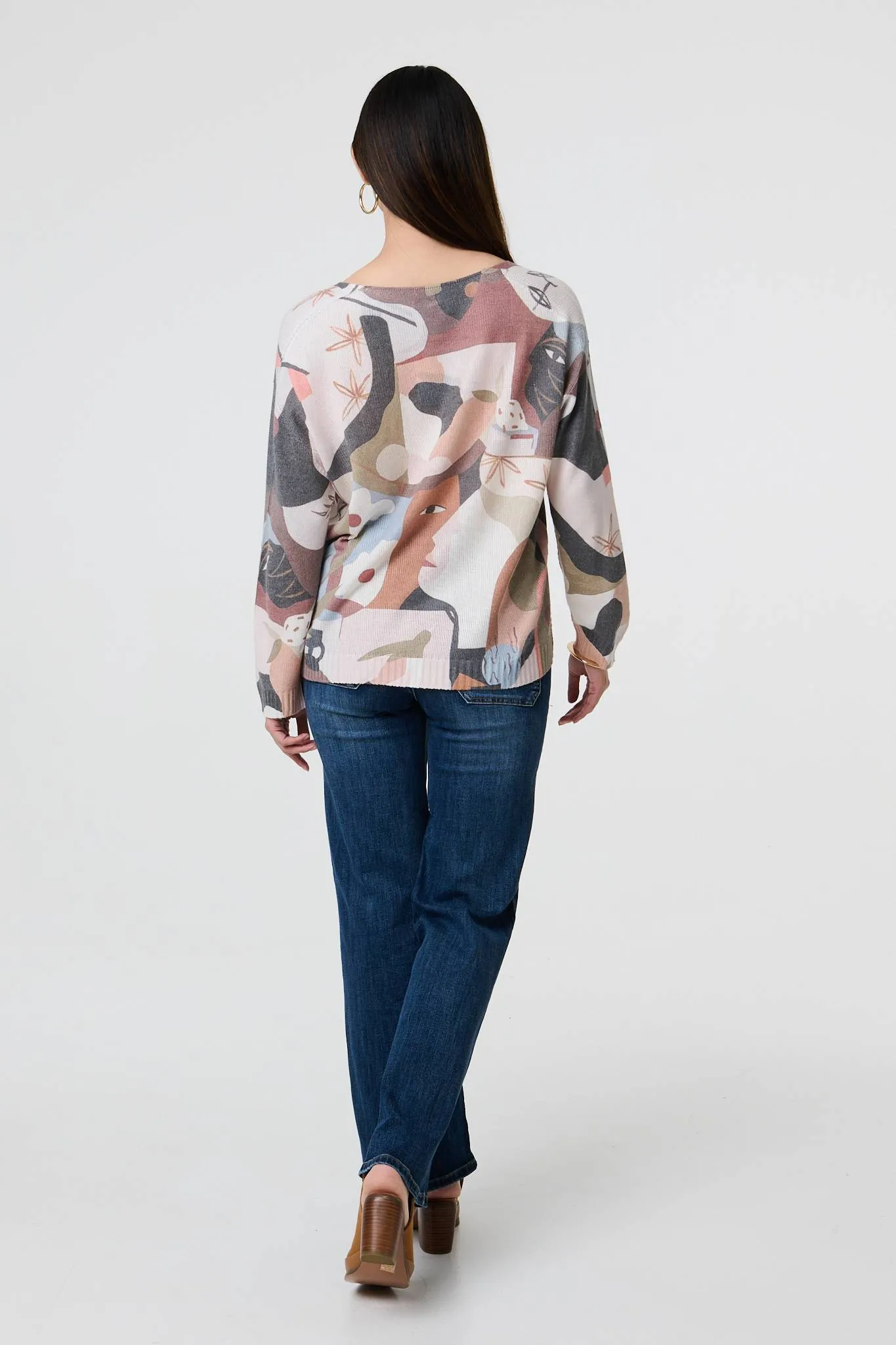 Abstract Print Long Sleeve Knit Top