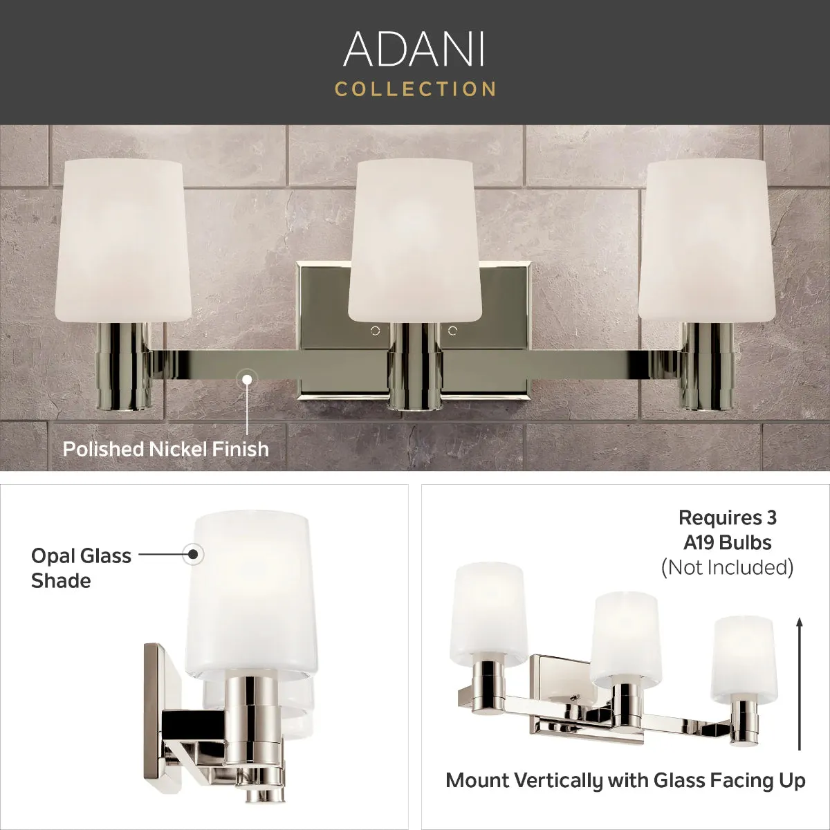 Adani 24 In 3-Lights Bathroom Vanity Light With Opal Glass, Polished Nickel Finish