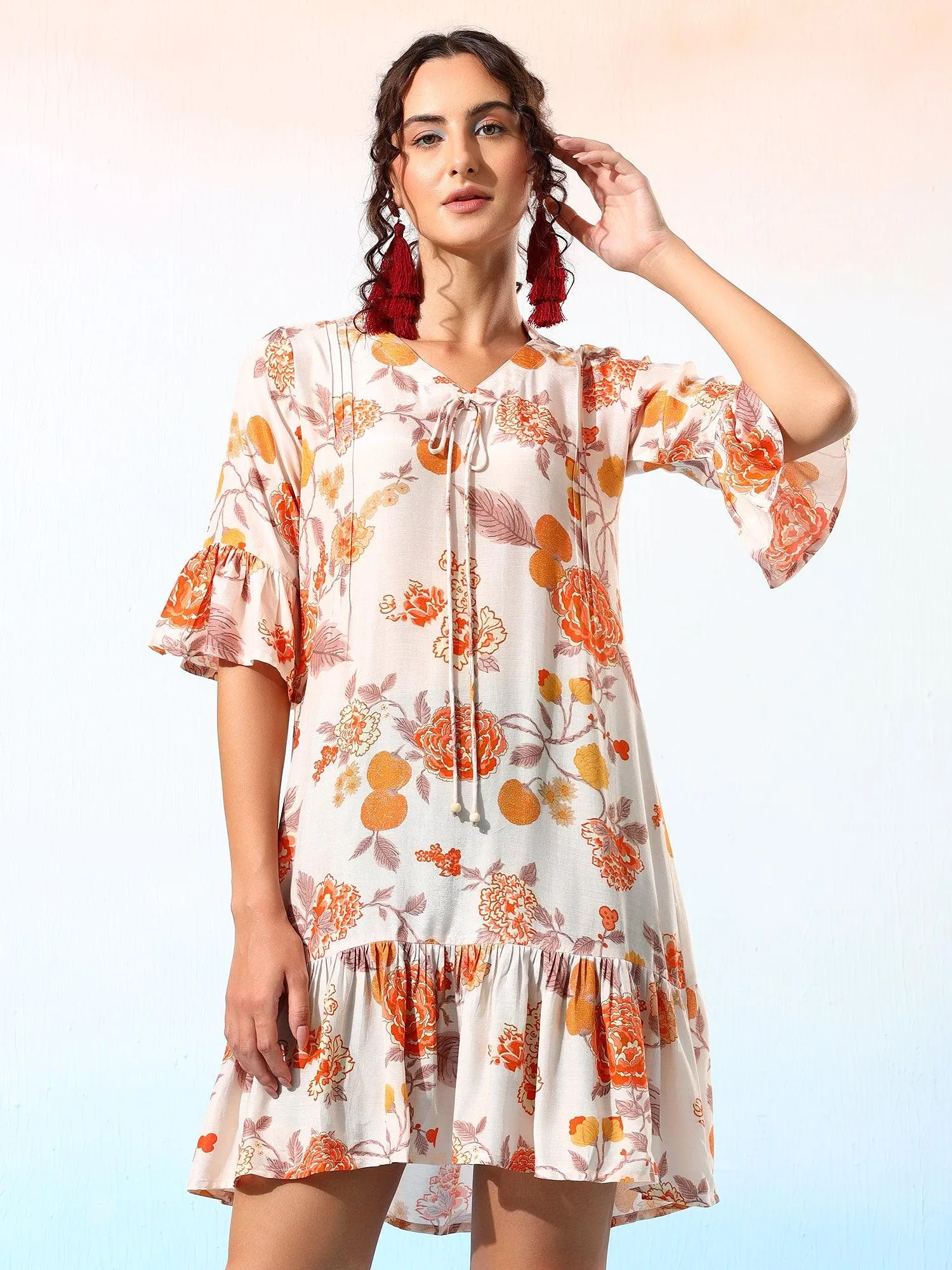 Anika Off white Muslin Floral Printed Dress