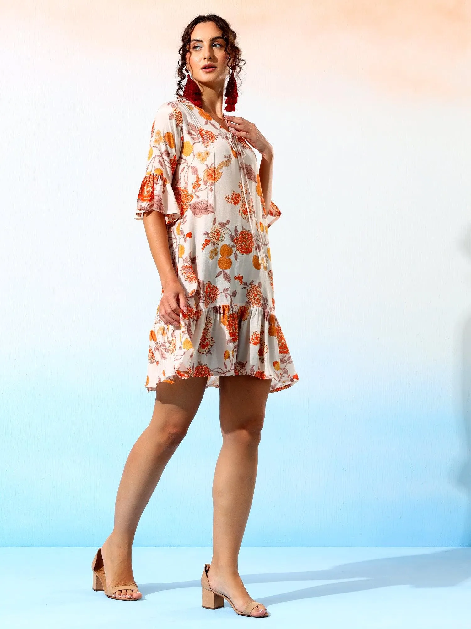 Anika Off white Muslin Floral Printed Dress