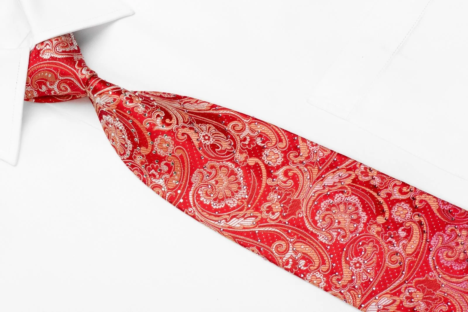 Arnold Palmer Men's Crystal Silk Necktie Acanthus On Red With Silver Sparkles