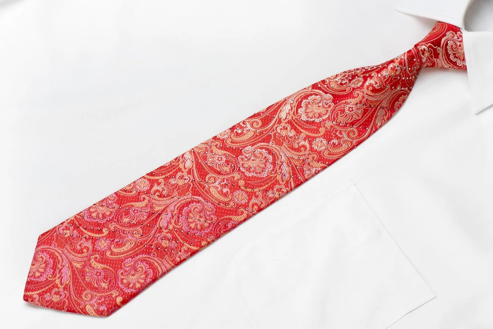 Arnold Palmer Men's Crystal Silk Necktie Acanthus On Red With Silver Sparkles