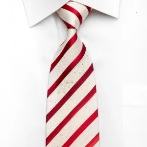 Arthur Dixon Men's Woven Silk Necktie Red Striped On Ivory White Sparkling With Crystal Rhinestones