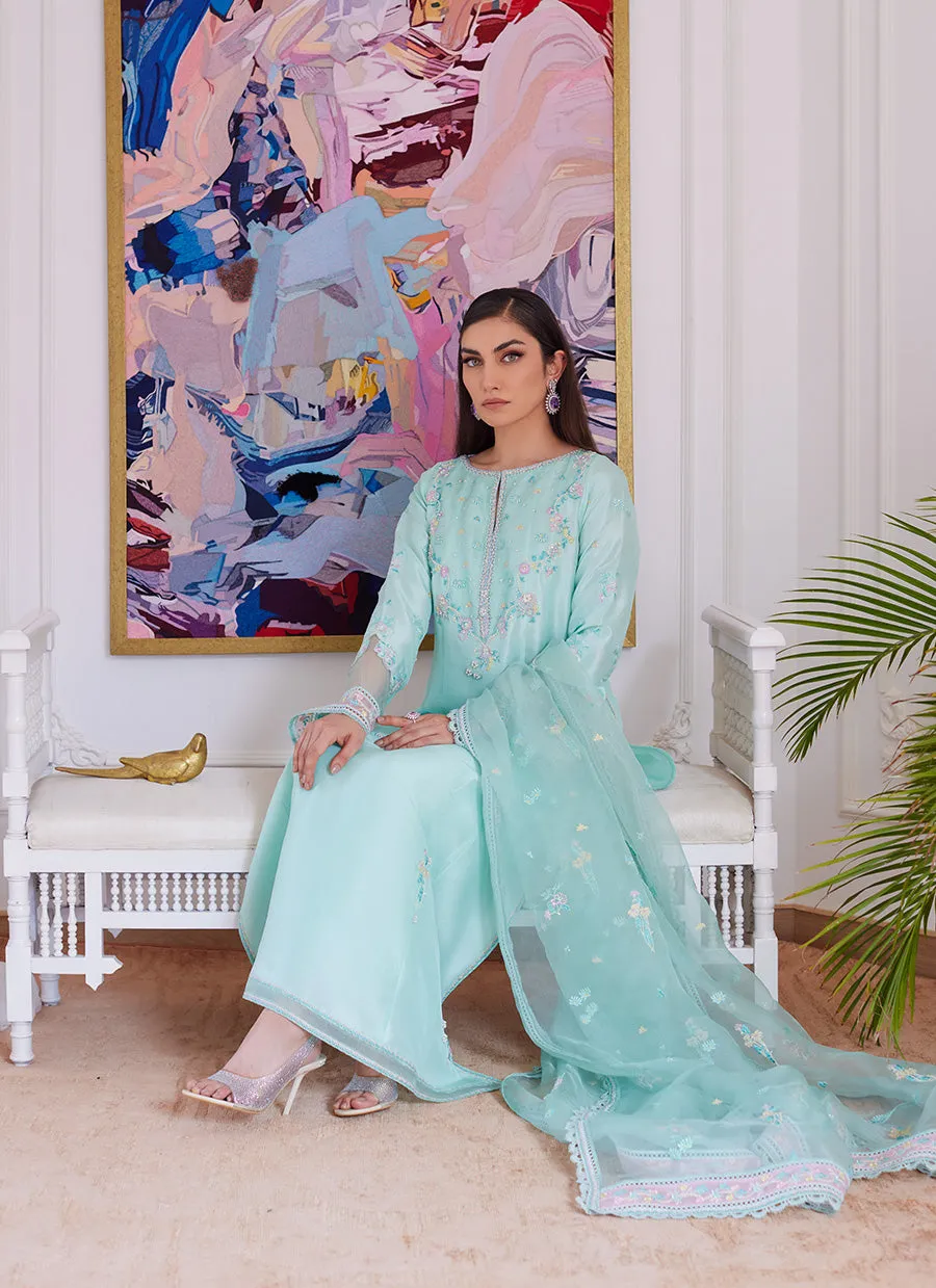 Aurella Mint Embroidered Raw Silk Shirt With Dupatta