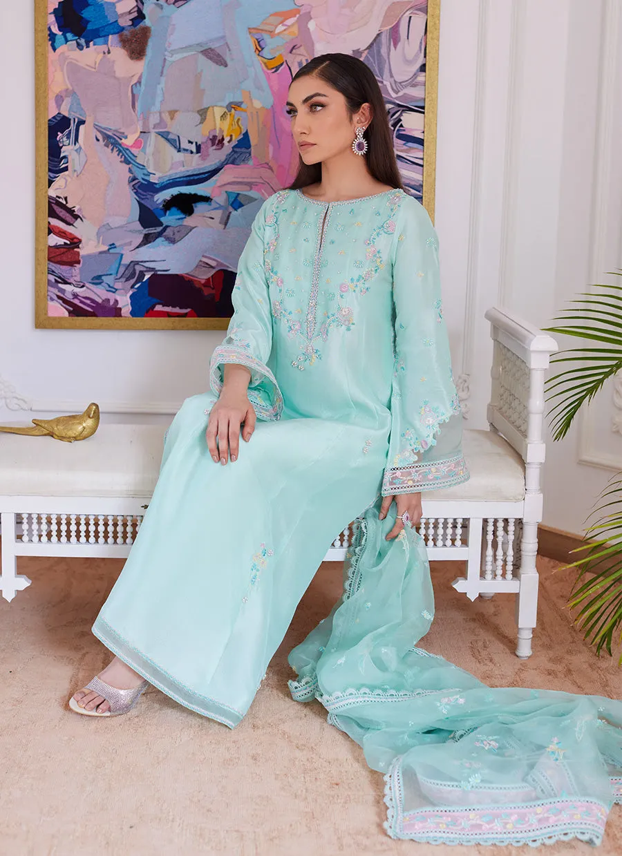 Aurella Mint Embroidered Raw Silk Shirt With Dupatta