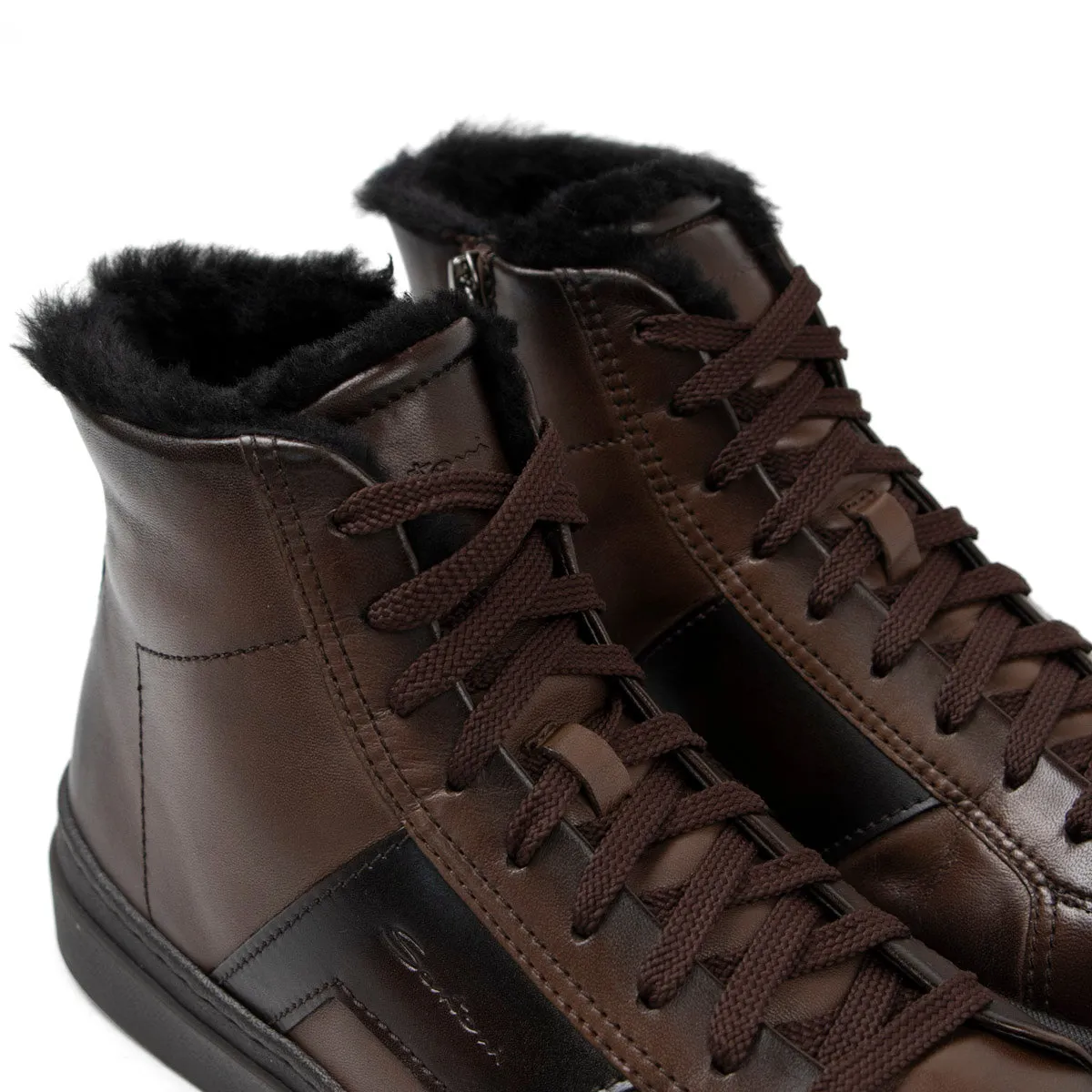 Brown Fur-Lined Leather Double Buckle High Top Sneaker