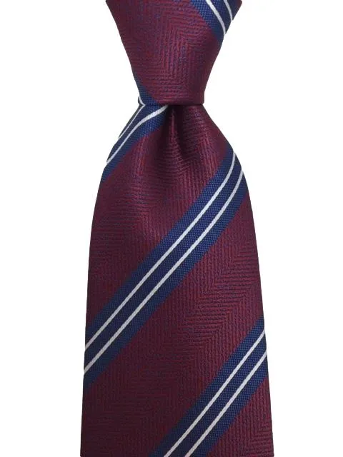 Burgundy, Blue and White Striped 2XL Tie with Herringbone Design