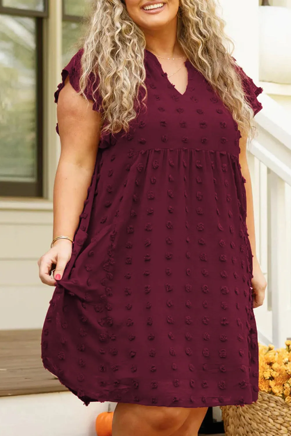 Burgundy Plus Size Swiss Dot Ruffled Sleeve V Neck Dress