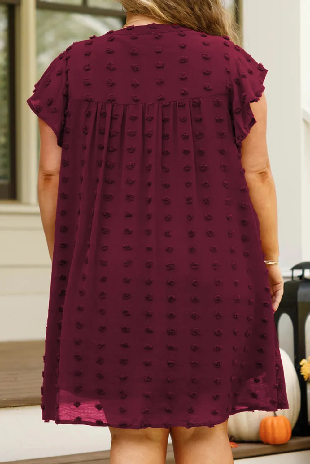 Burgundy Plus Size Swiss Dot Ruffled Sleeve V Neck Dress