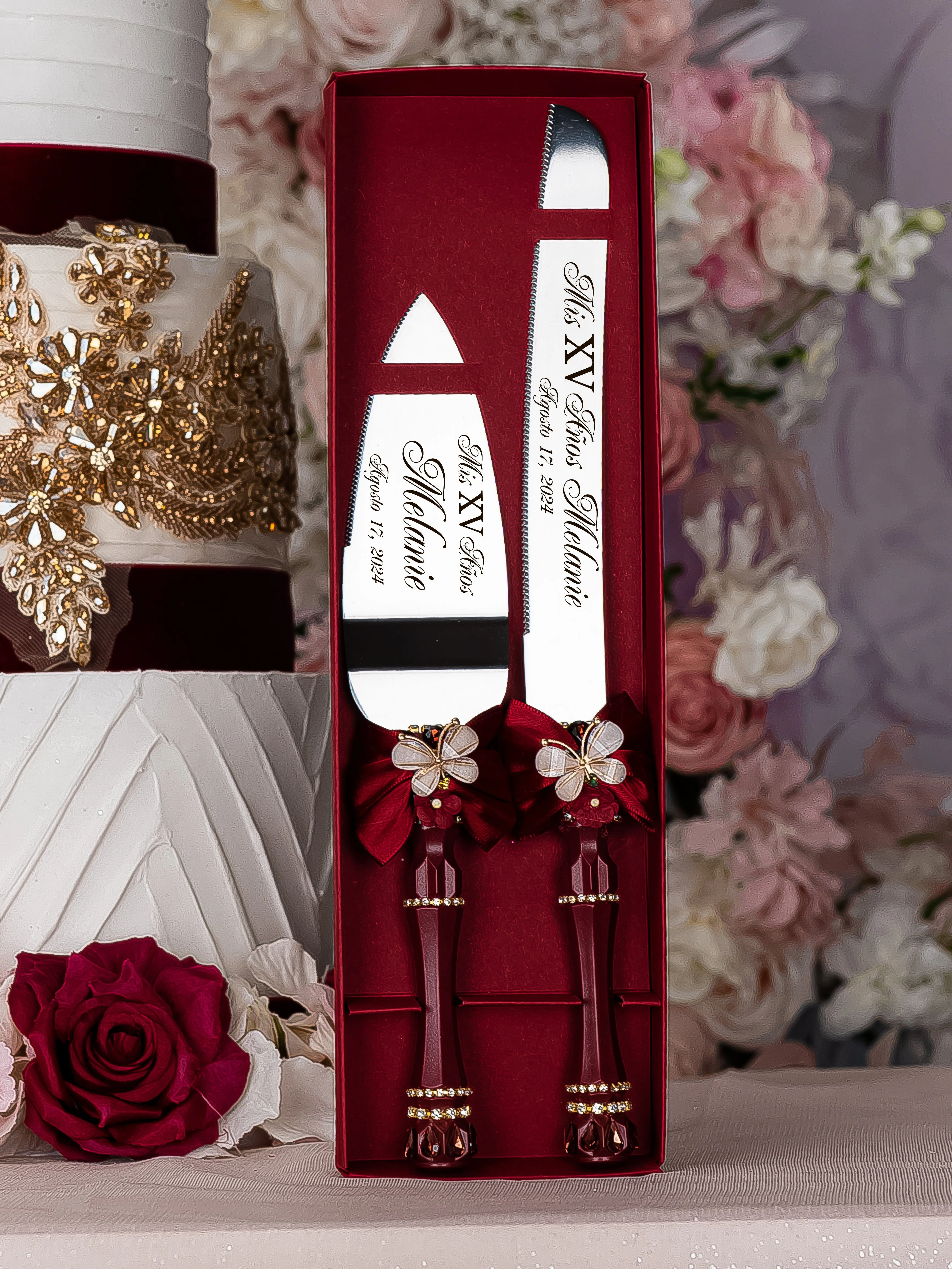 Burgundy with butterflies Quinceanera cake knife set with 1 glass