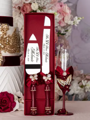 Burgundy with butterflies Quinceanera cake knife set with 1 glass