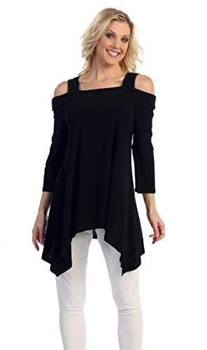 Caribe - Ebony Delight, Sharkbite Hem, 3/4 Sleeve, Cold Shoulder Black Tunic Top