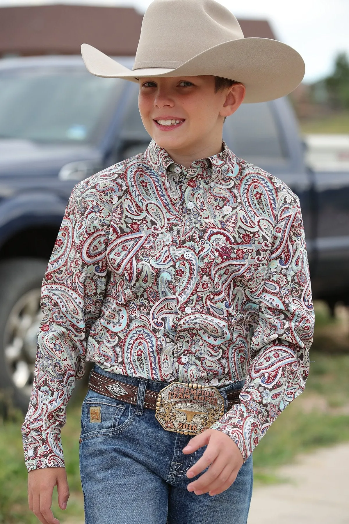 Cinch Boys Paisley Print Button Down Western Shirt - Burgandy/Aqua/Brown - MTW7060289