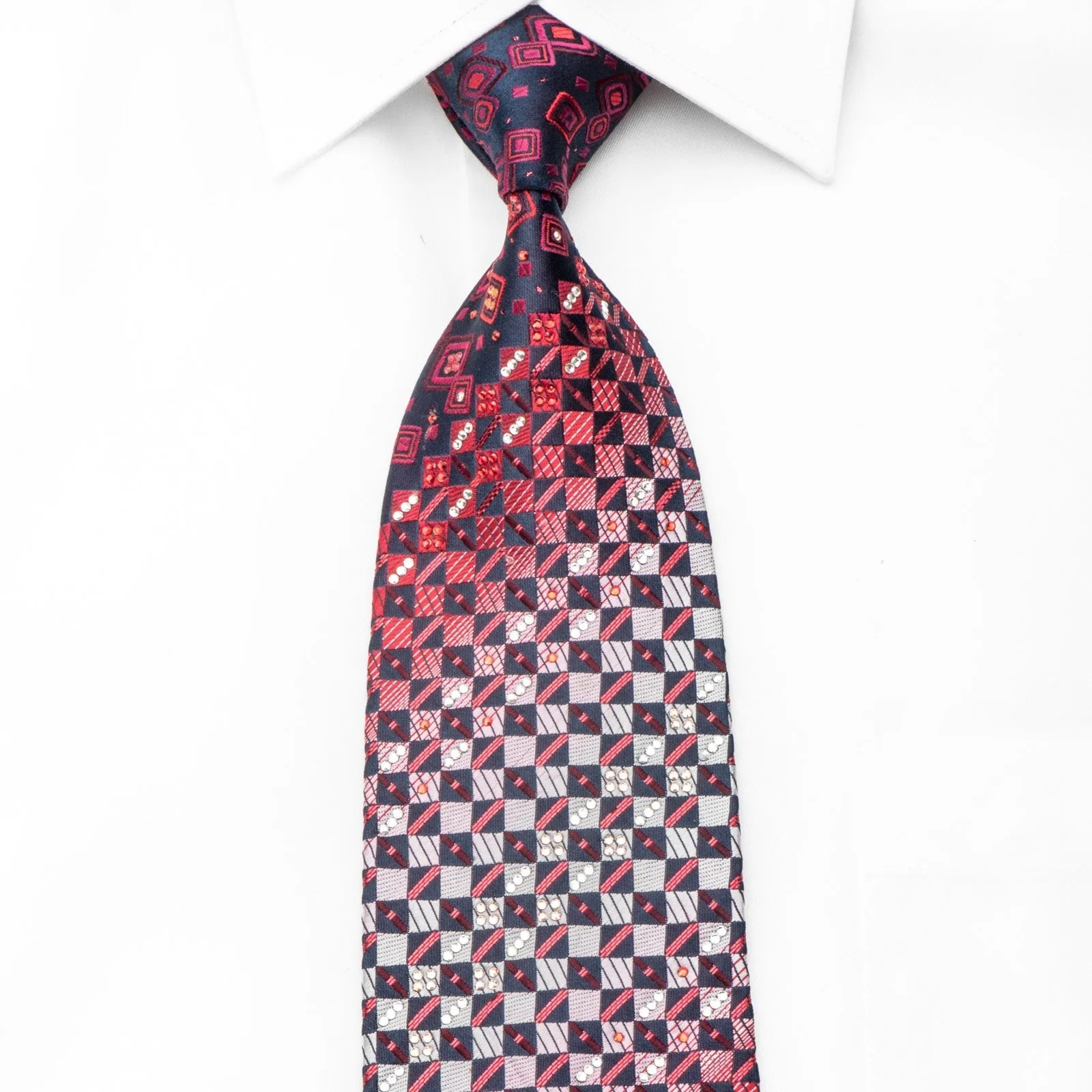 Daks Men's Crystal Silk Tie Red Checkered On Navy With Rhinestones & Red Sparkles