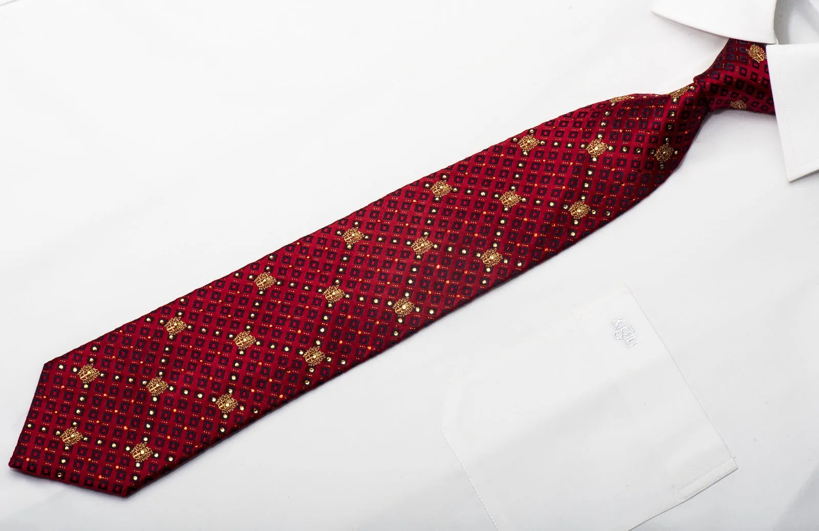 Daks Men's Silk Tie Checkered On Burgundy Sparkling With Rhienstones