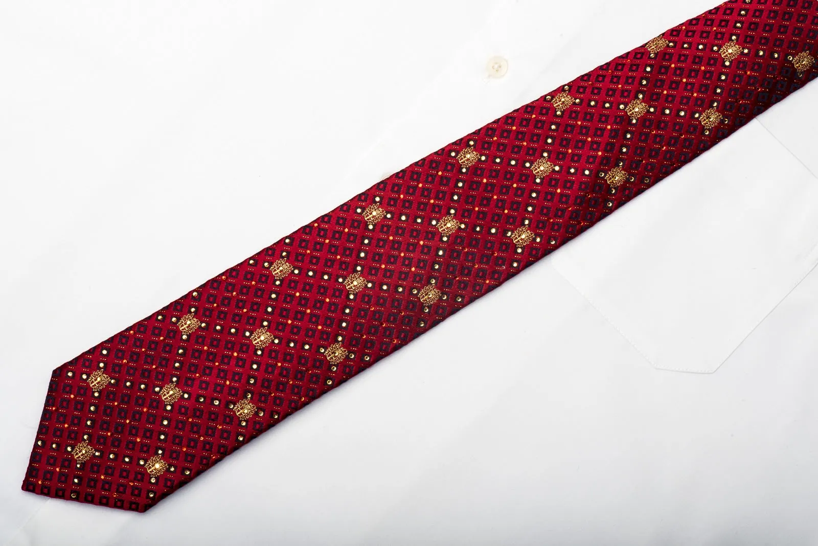 Daks Men's Silk Tie Checkered On Burgundy Sparkling With Rhienstones