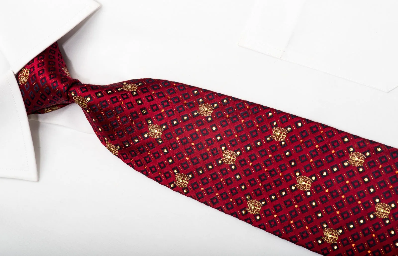 Daks Men's Silk Tie Checkered On Burgundy Sparkling With Rhienstones