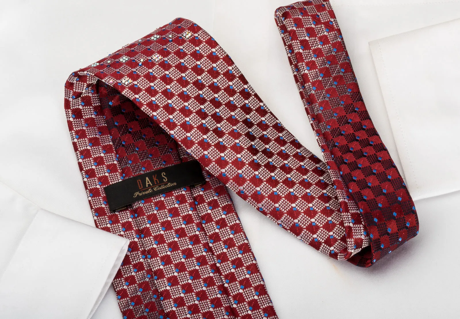 Daks Rhinestone Silk Necktie Checkered On Burgundy With Red Sparkles