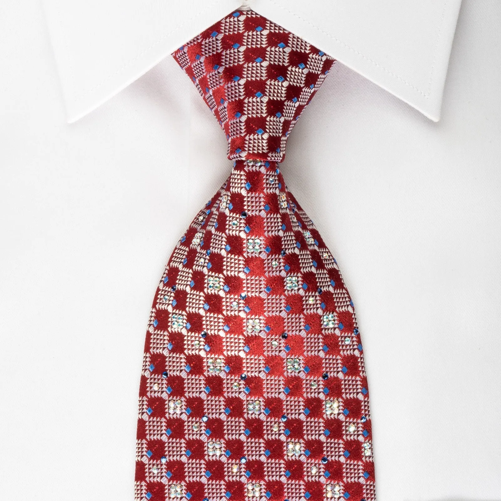 Daks Rhinestone Silk Necktie Checkered On Burgundy With Red Sparkles