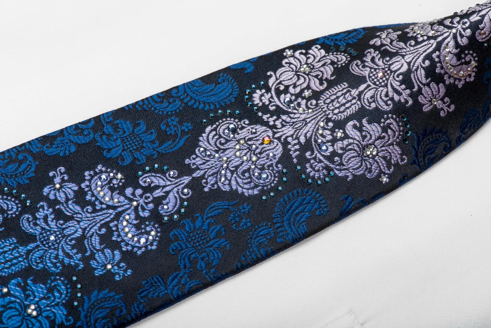 Daniel Hechter Men's Crystal Necktie Blue Purple Damask On Black Sparkling With Rhinestones