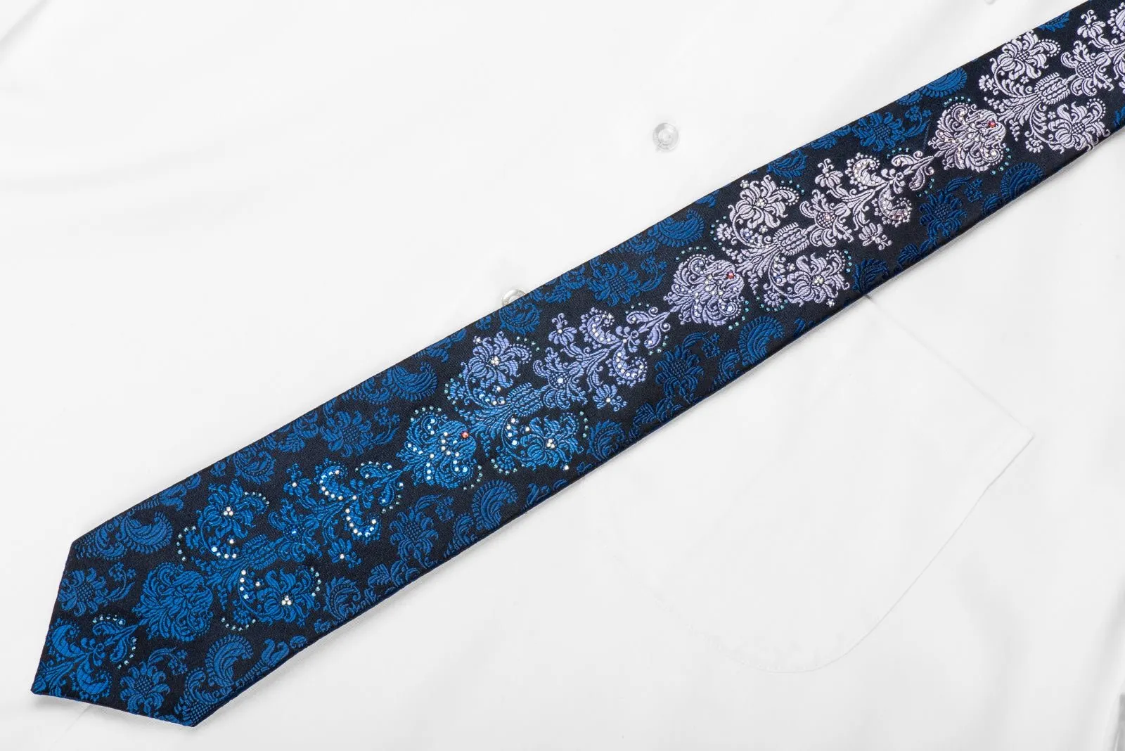 Daniel Hechter Men's Crystal Necktie Blue Purple Damask On Black Sparkling With Rhinestones