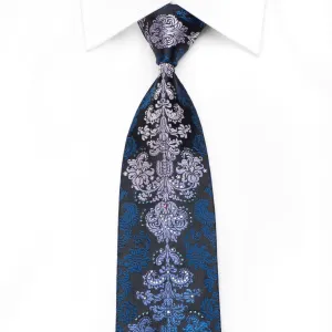 Daniel Hechter Men's Crystal Necktie Blue Purple Damask On Black Sparkling With Rhinestones