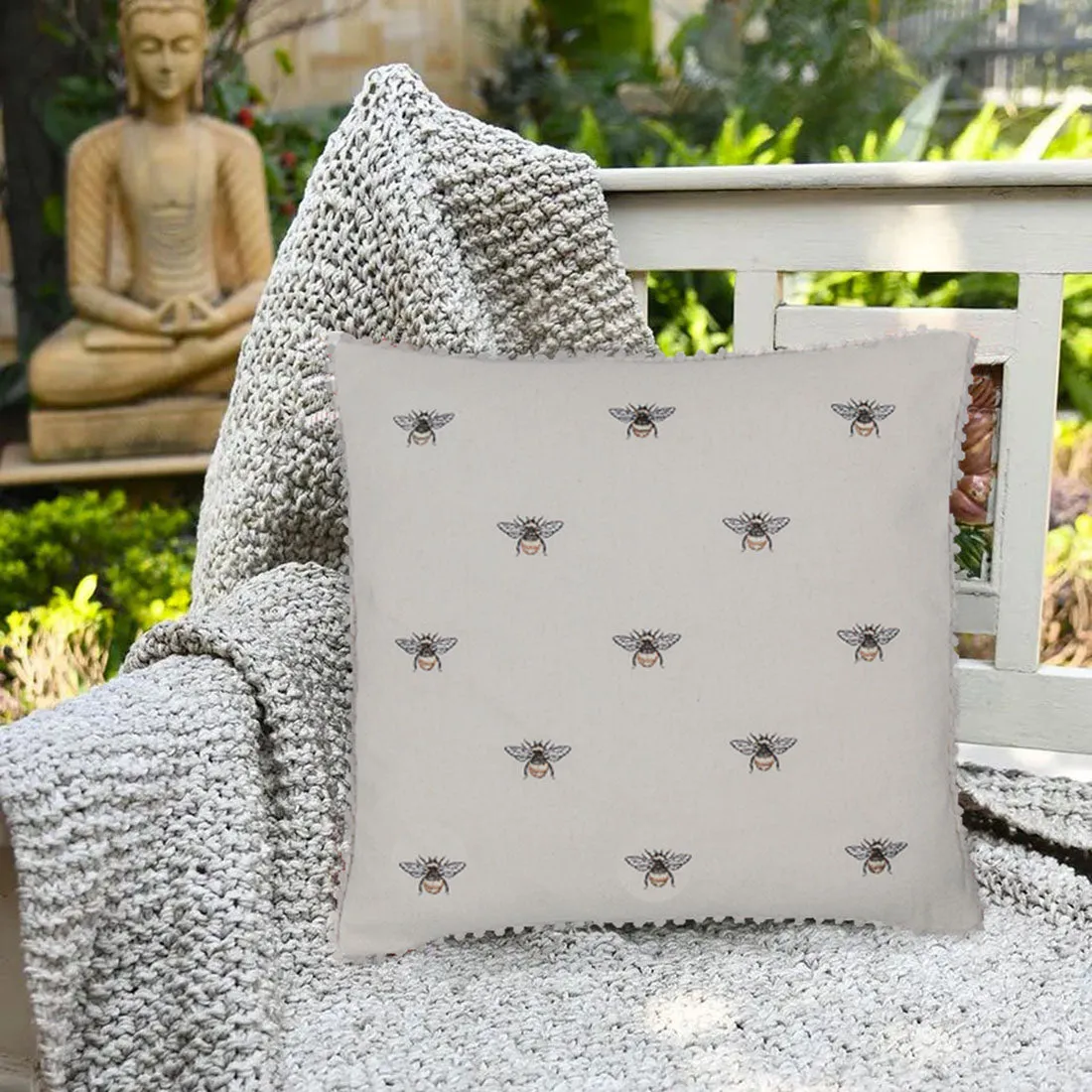 Embroidered Bees Natural Cushion With Pom Pom,45x45cm (CSHN09)