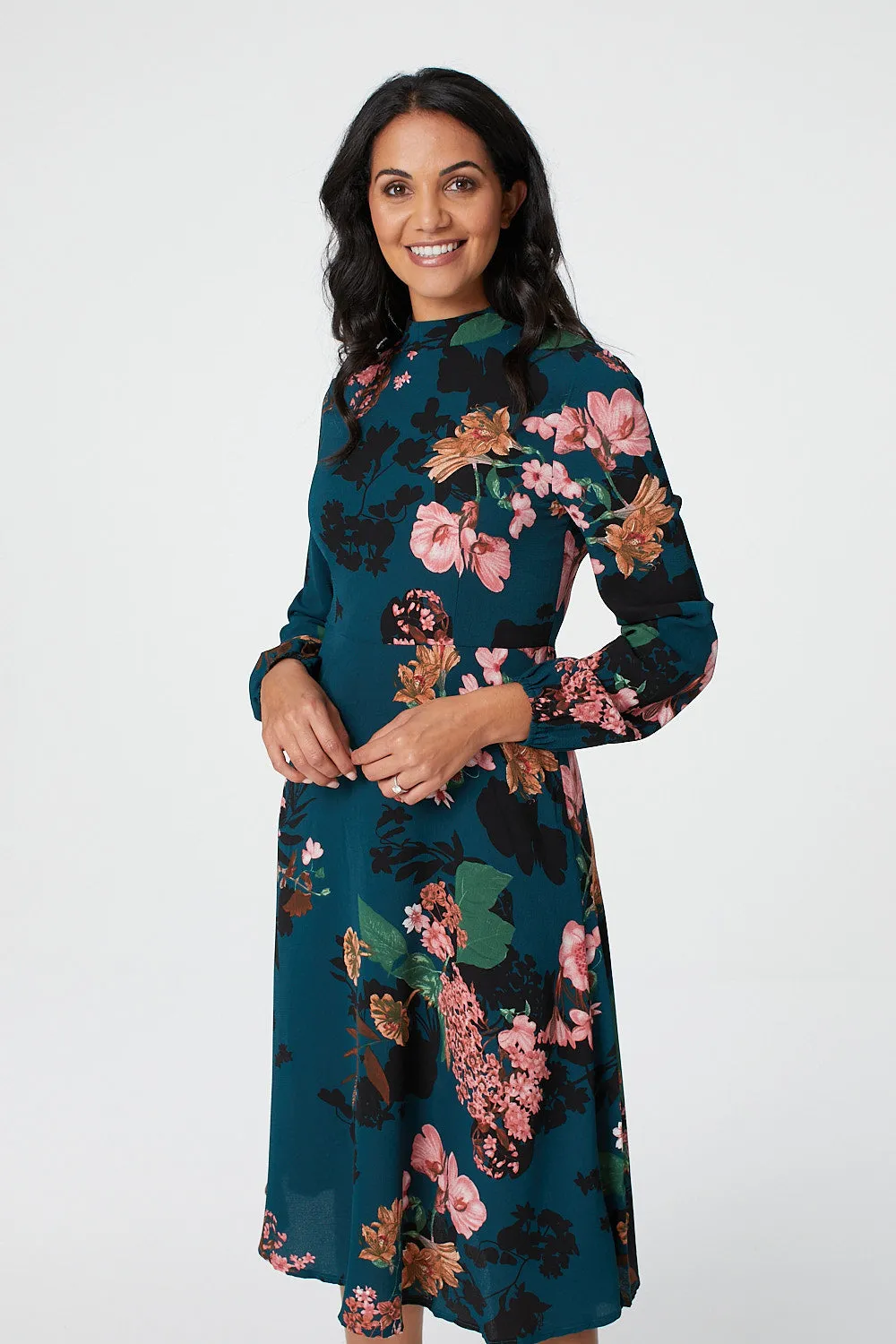 Floral High Neck Midi Dress