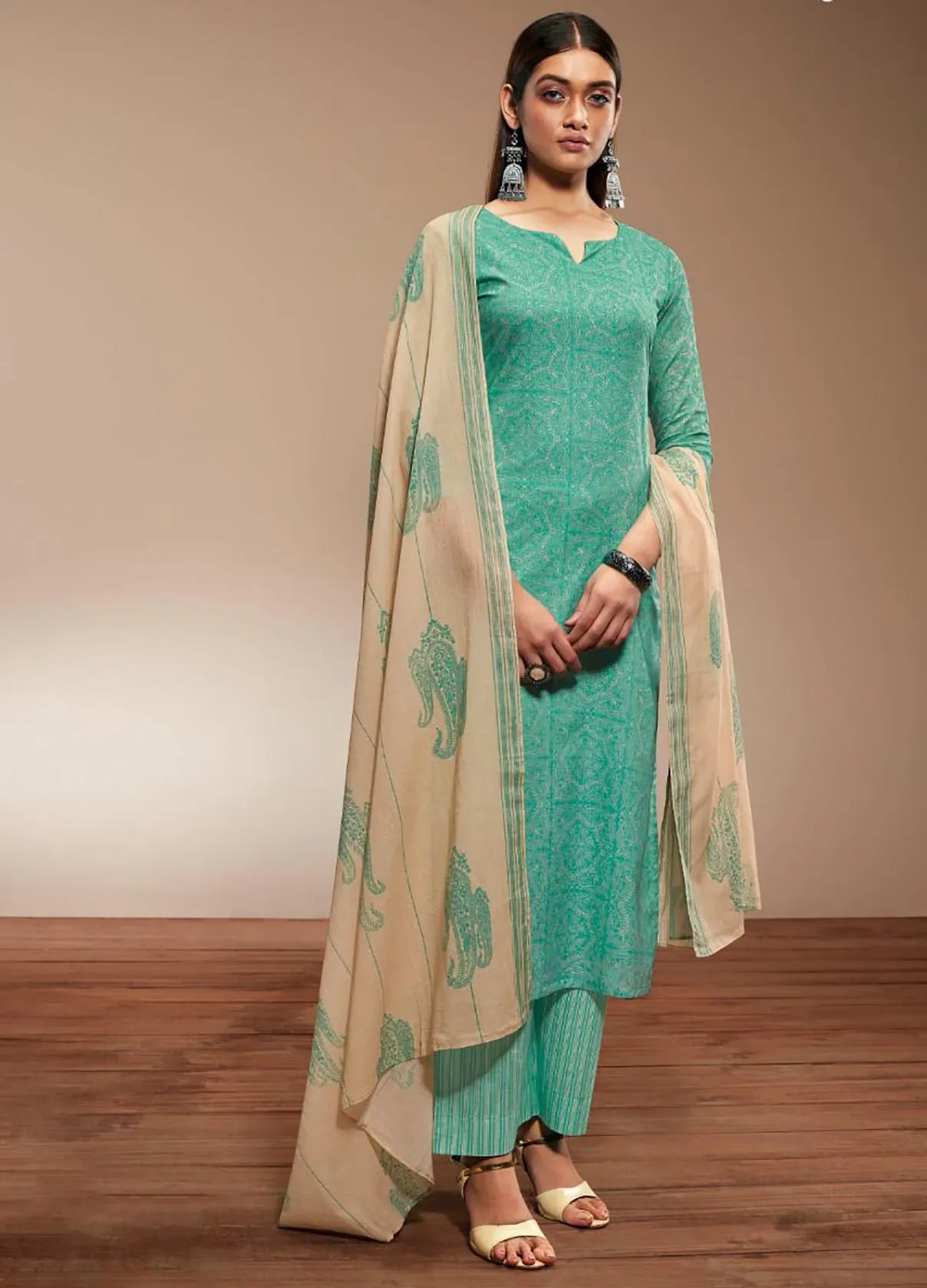 Ganga Pure Cotton Unstitched Green Salwar Suits With Dupatta