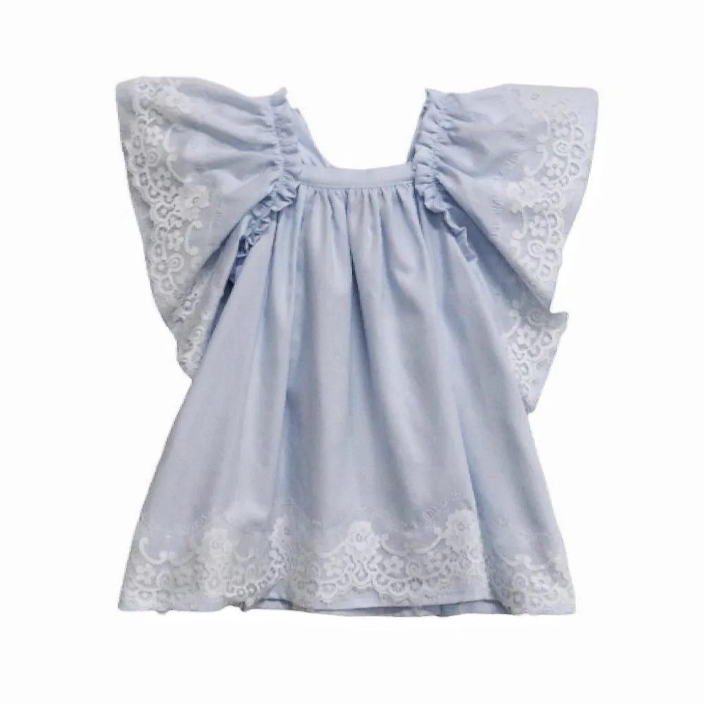 Girls Light Blue Lace-Trimmed Oxford Cotton Dress