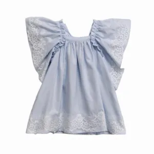 Girls Light Blue Lace-Trimmed Oxford Cotton Dress