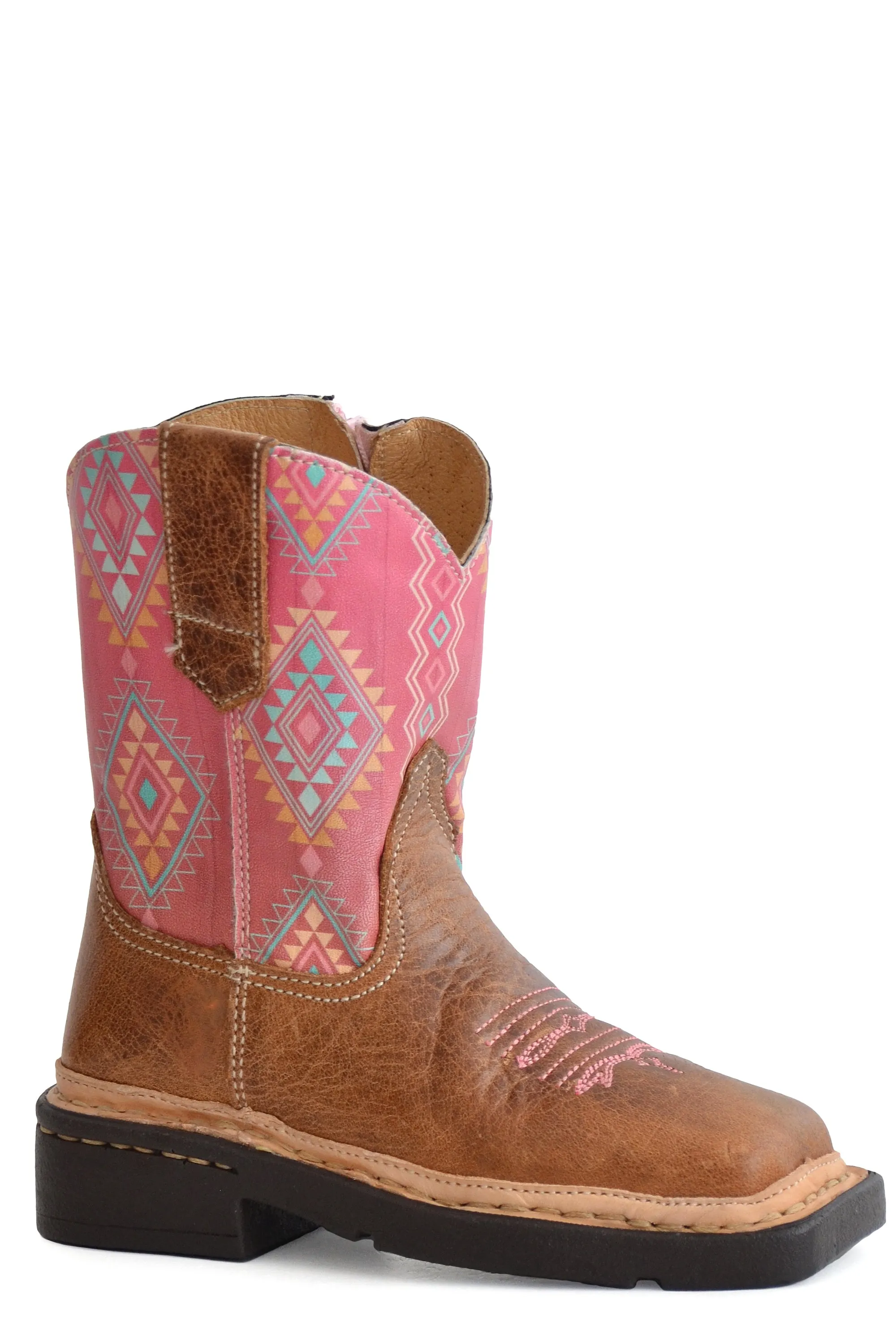 Girls Roper Waxy Brown Square Toe Boot w/ Aztec Design