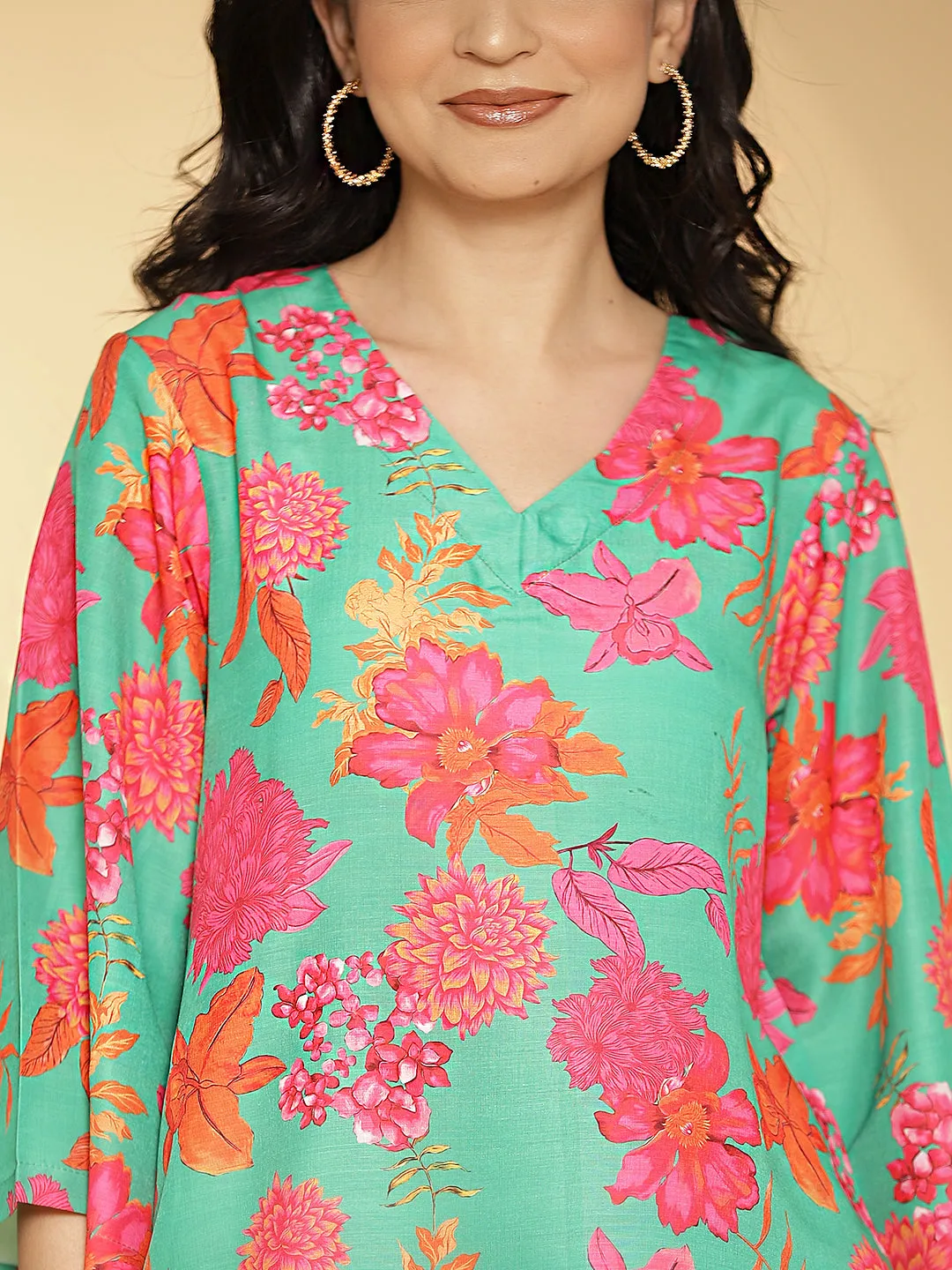 GreenFloral Muslin Printed ShortKurti