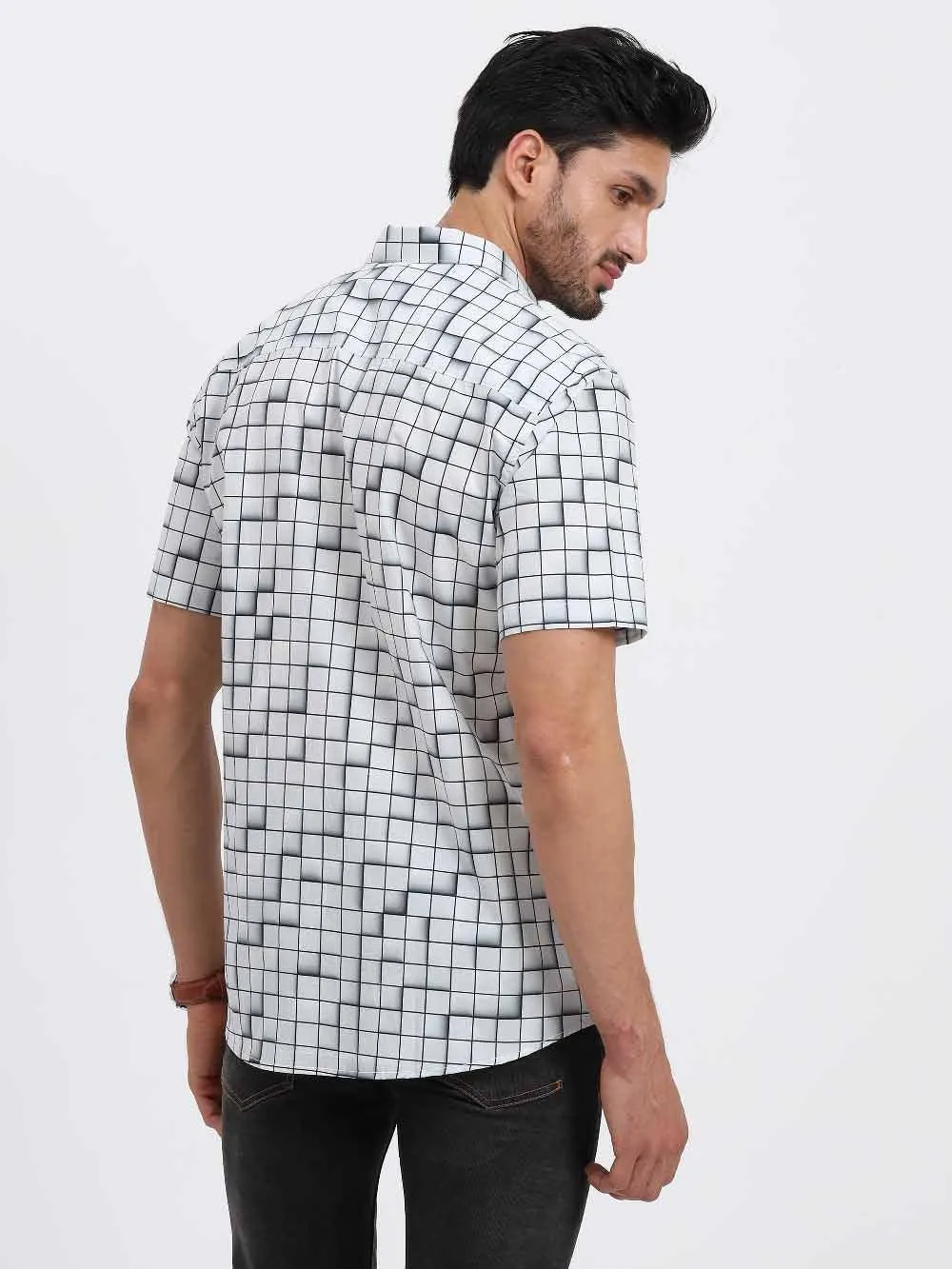 Grey Checks Printed Half Sleeve Shirt