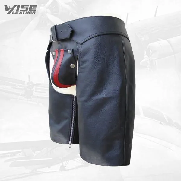 Leather Men's Chaps Shorts with Front Buckle Closure