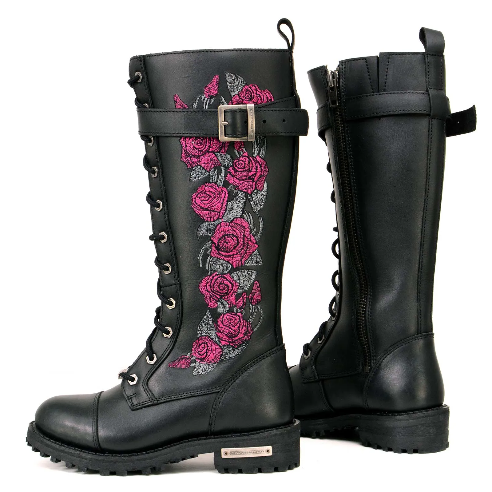 Milwaukee Leather MBL9356 Women's Black 14” Tall Motorcycle Boots Lace-Up High-Rise Pink Embroidered Leather Shoe