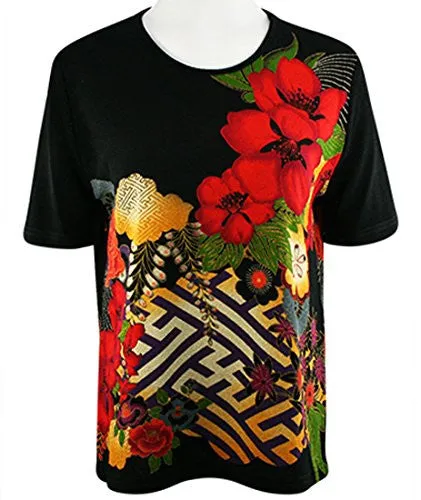 Moonlight - Three Flowers, Floral Print Short Sleeve Scoop Neck Asian Style Top