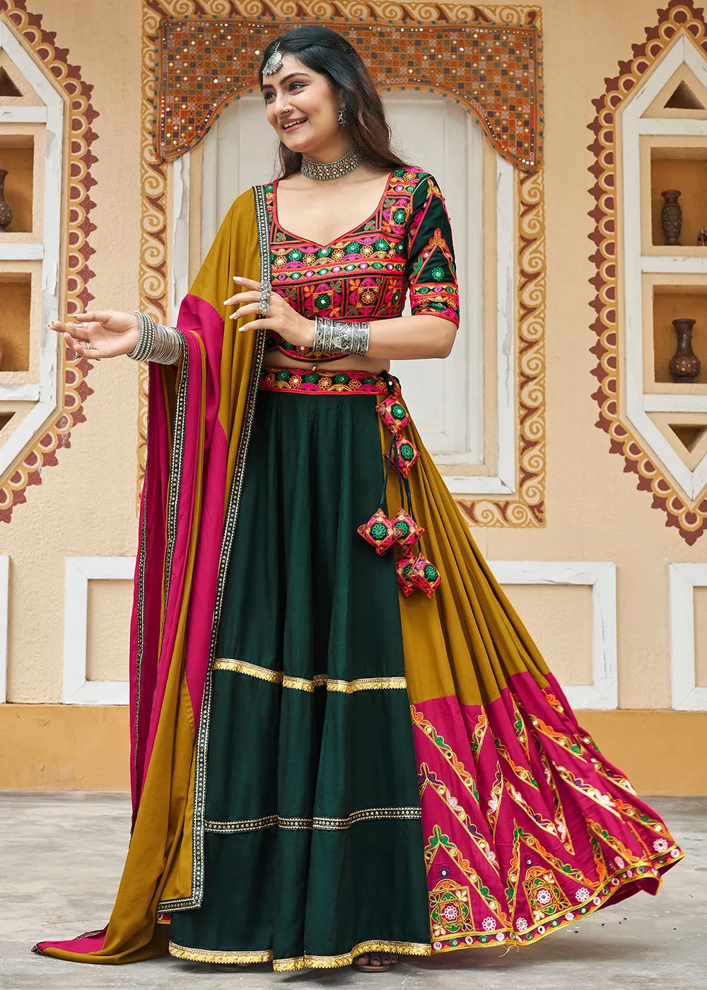 Mustard Embroidered with Mirror Work Chaniya Choli for Navratri