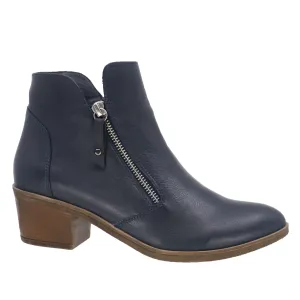 NAVY LEATHER KITTEN HEEL DOUBLE ZIPPER BOOT