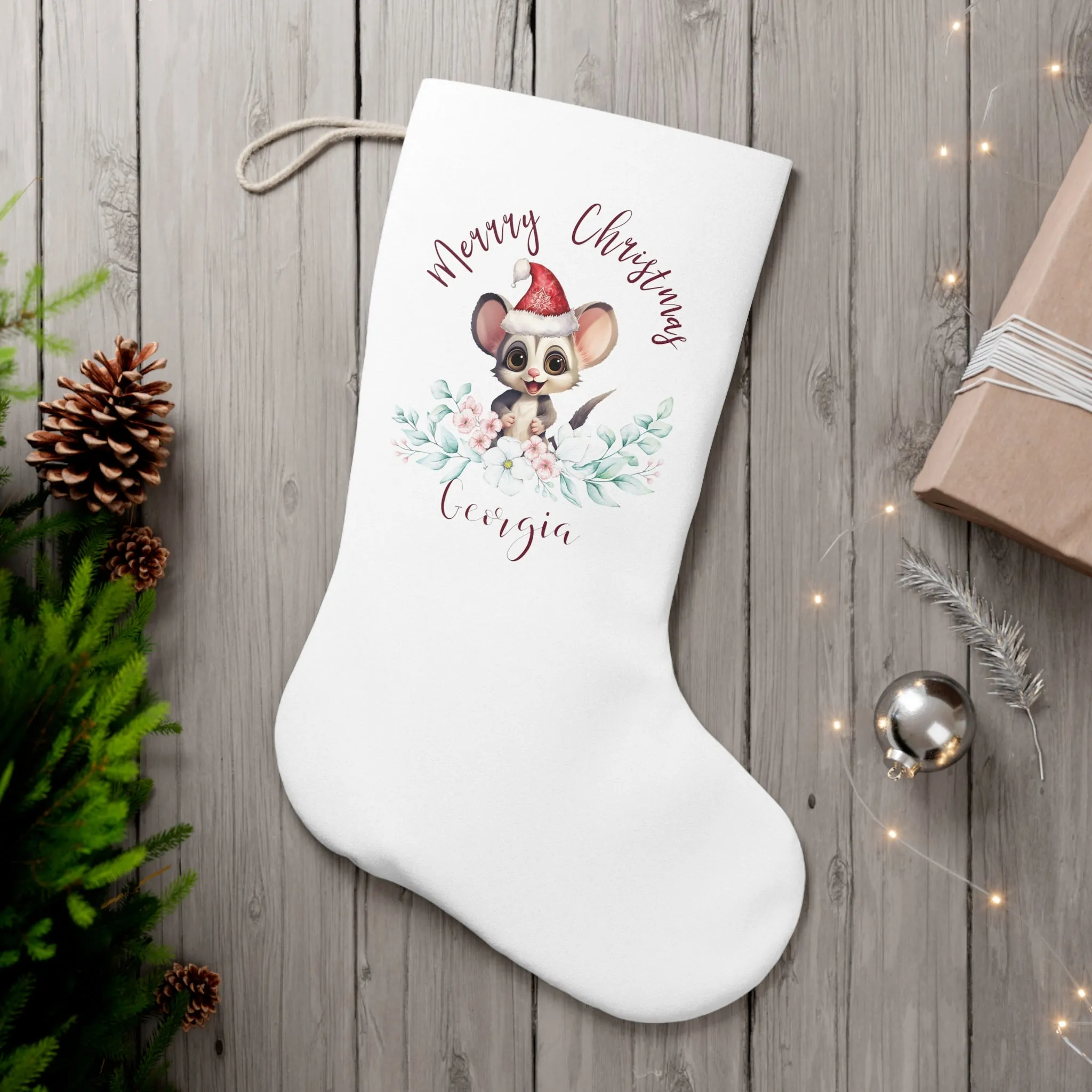 Personalised Santa Stocking, Australian Animals Eucalyptus, Sugar Glider