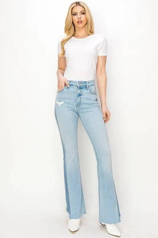 Plus high rise boot cut frayed hem jeans