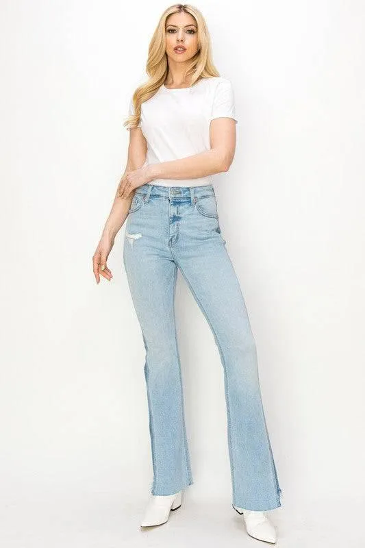 Plus high rise boot cut frayed hem jeans