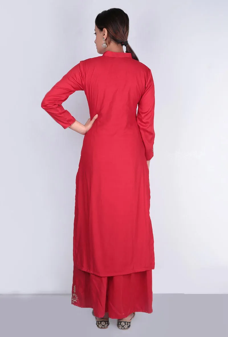 Red Zari Embroidered Kurta & Palazzo Set