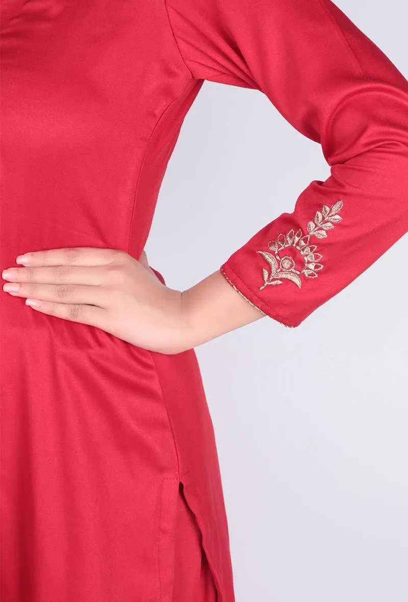 Red Zari Embroidered Kurta & Palazzo Set