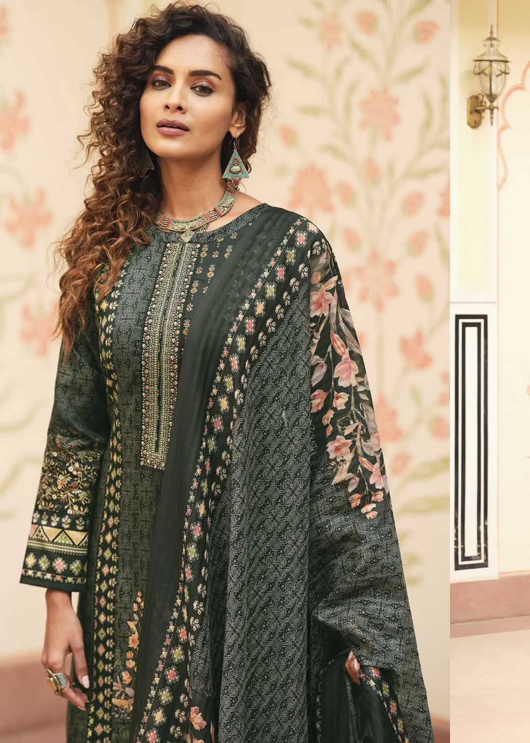 Sadhana Cotton Silk Embroidered Women Unstitched Green Suit Material