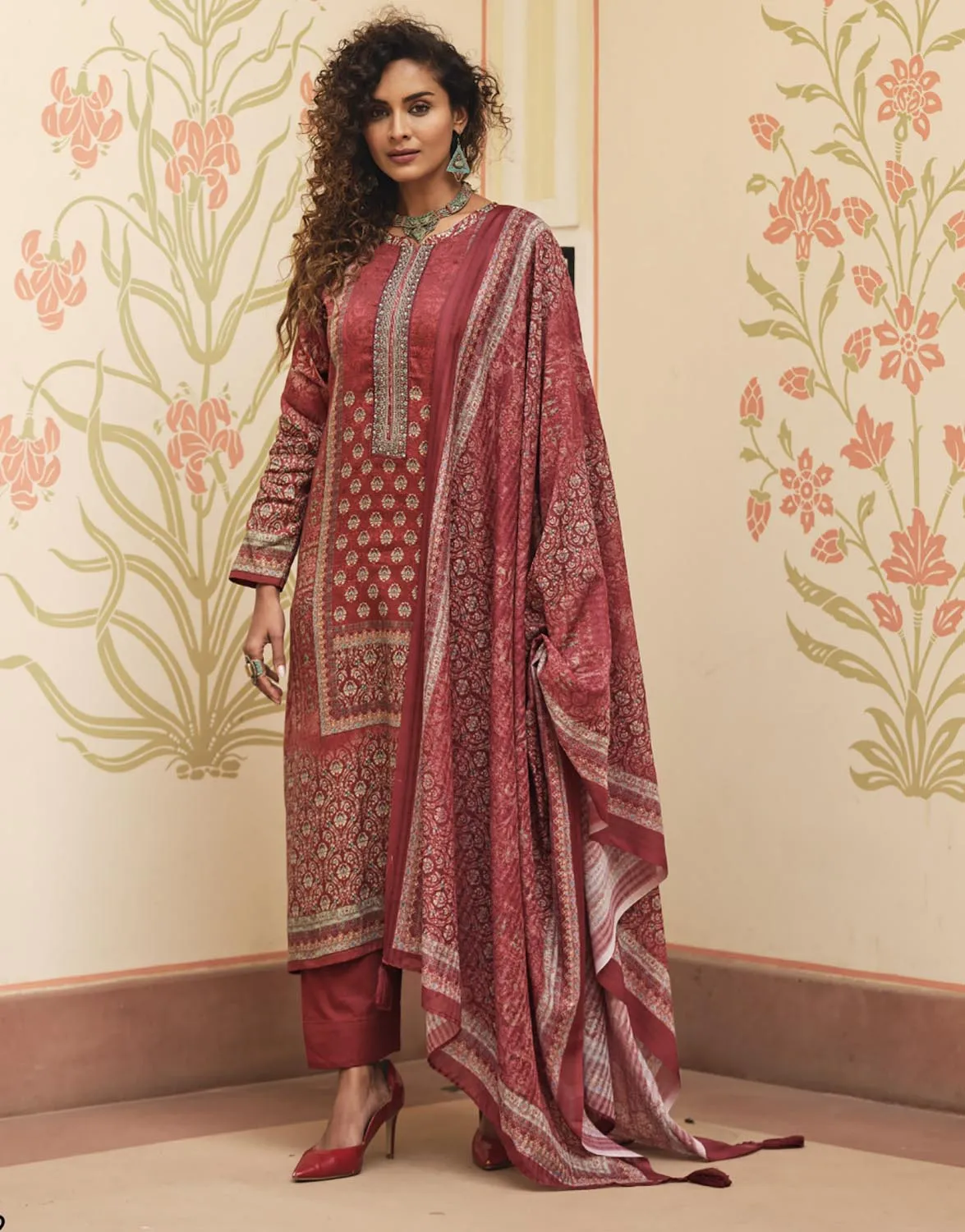 Sadhana Cotton Silk Embroidered Women Unstitched Red Suit Material