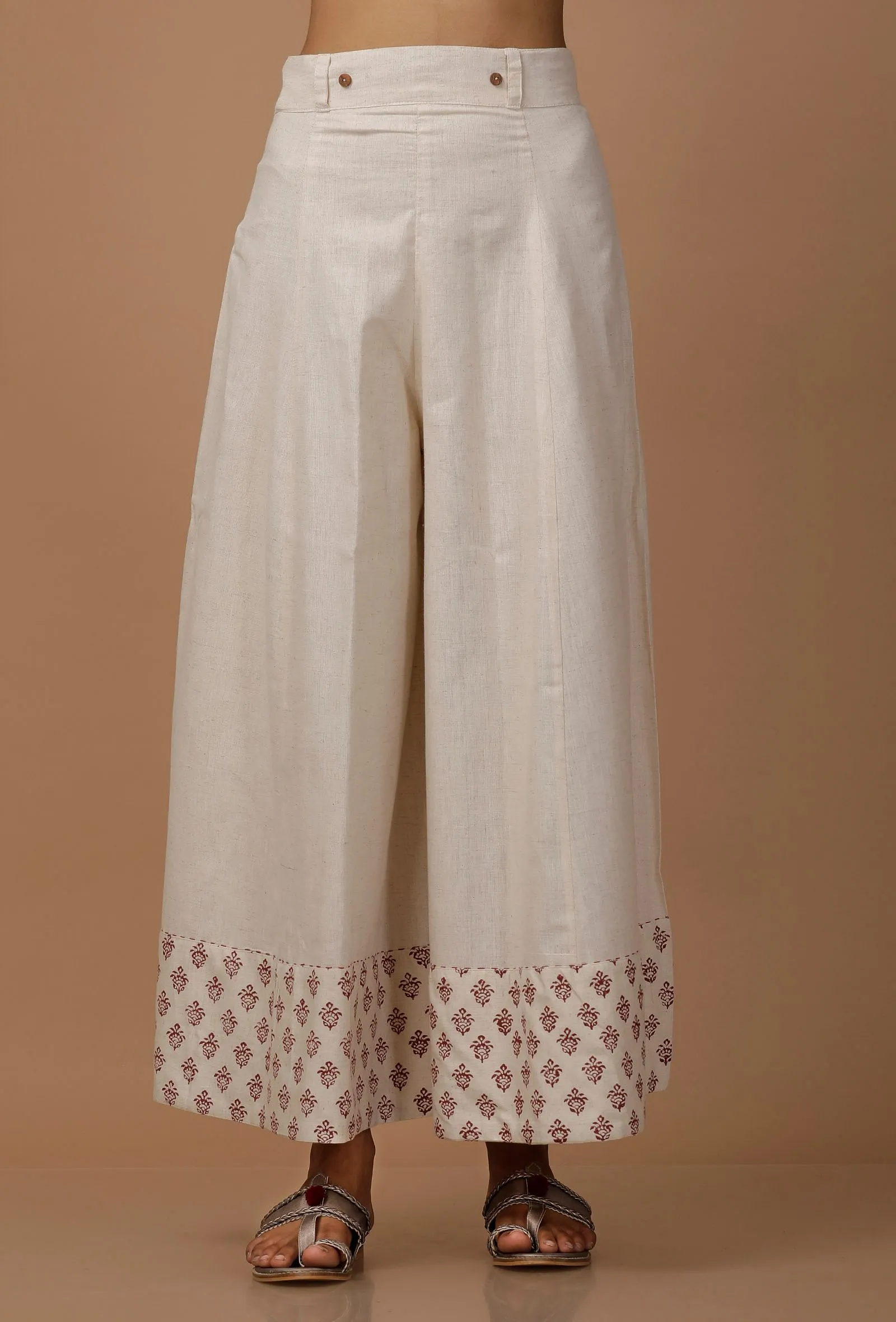 Set of 3 : Off White Hand Block Printed Cotton Top, Sari Drape and Culottes