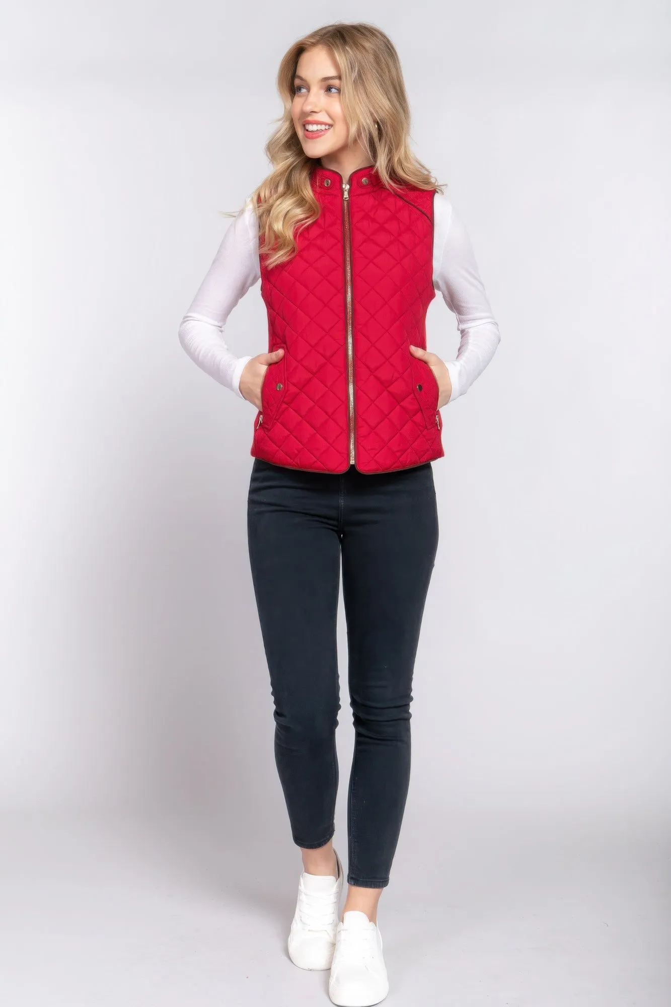 Suede Piping Quilted Padding Vest