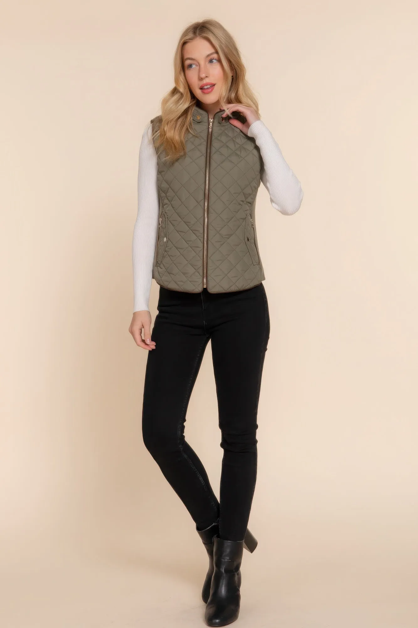 Suede Piping Quilted Padding Vest